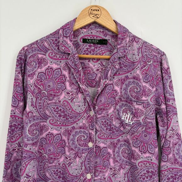 Lauren Ralph Lauren Black Label Sleep Shirt Gown, Sz Small, Paisley Button Down - Picture 3 of 9